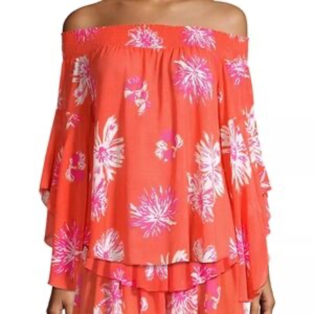 Ramy Brook Off-the-Shoulder Coral Blouse Size XS Flowy ~ Sheer ~ Vacation!